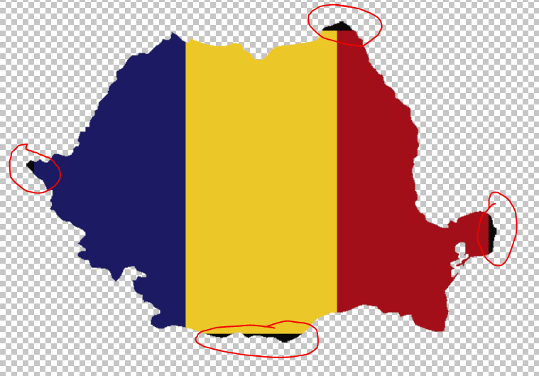 Figure 3. Top Layer (flag) positioned over Bottom Layer (country silhouette) in the canvas, red circles highlight areas not covered by the Top Layer. (Source: Joshua Rivera)